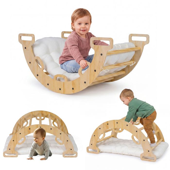 Wooden Rocking Climbing Arch with Cushion 3-in-1 Montessori Kids Climber Rocker-