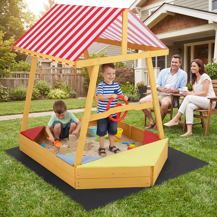 Wooden Ship-shaped Sandpit with Steering Wheel for Aged 18 Months+-