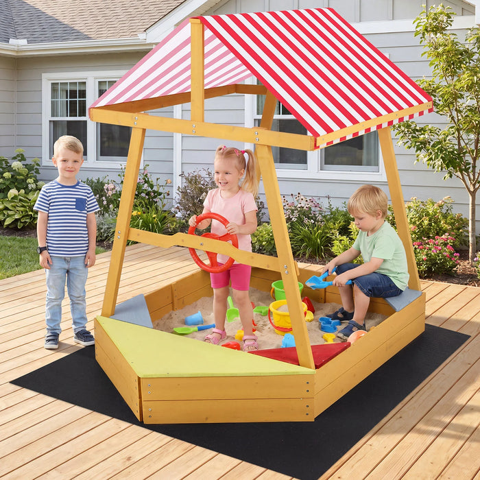 Wooden Ship-shaped Sandpit with Steering Wheel for Aged 18 Months+-