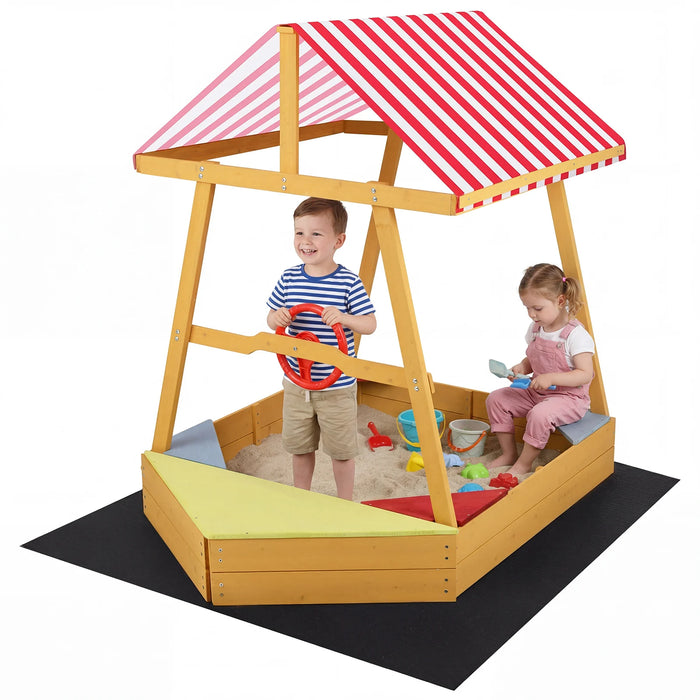 Wooden Ship-shaped Sandpit with Steering Wheel for Aged 18 Months+-