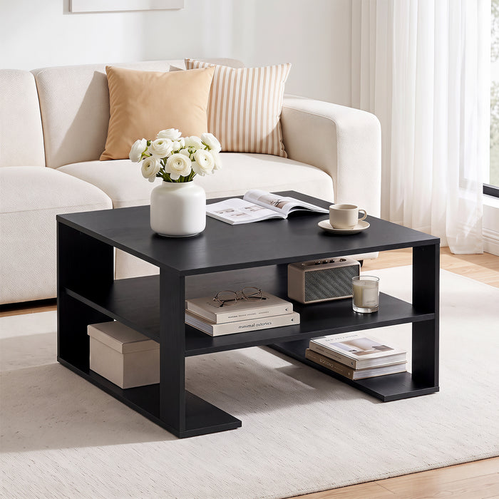 Wooden Square Coffee Table with Storage and Open Shelf for Living Room-