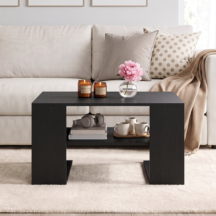 Wooden Square Coffee Table with Storage and Open Shelf for Living Room-