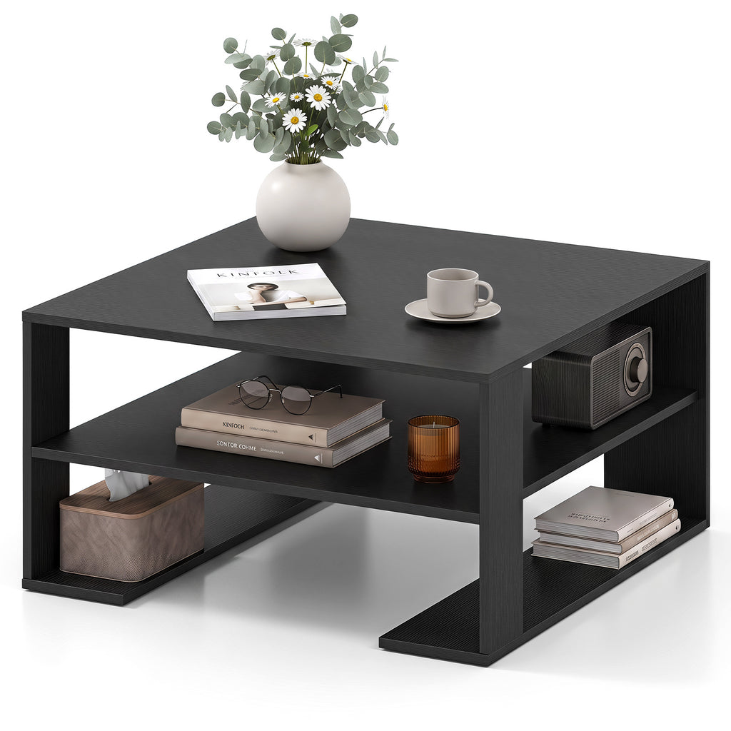 Wooden Square Coffee Table with Storage and Open Shelf for Living Room-