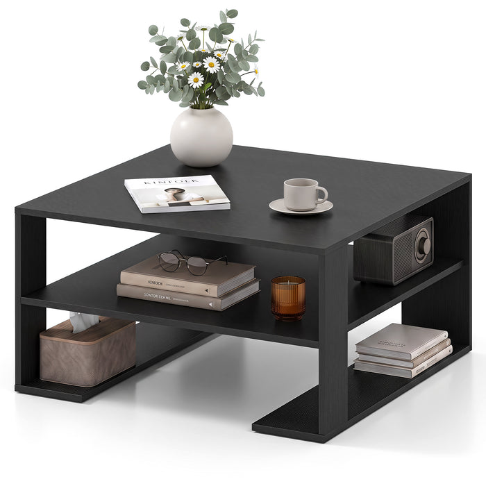 Wooden Square Coffee Table with Storage and Open Shelf for Living Room-