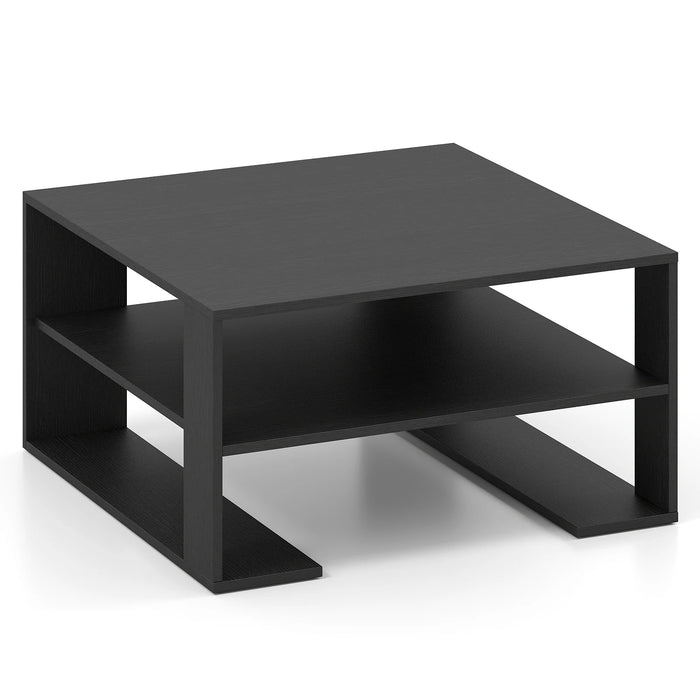 Wooden Square Coffee Table with Storage and Open Shelf for Living Room-