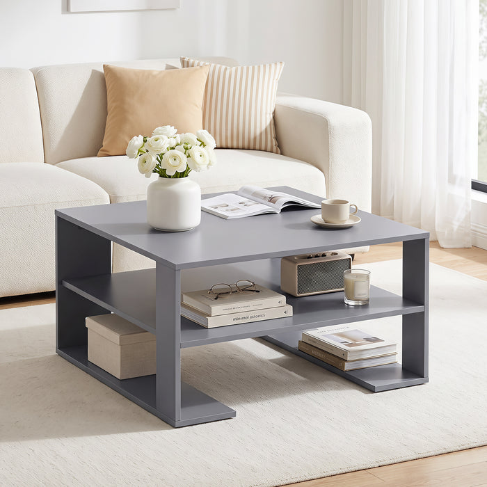 Wooden Square Coffee Table with Storage and Open Shelf for Living Room-