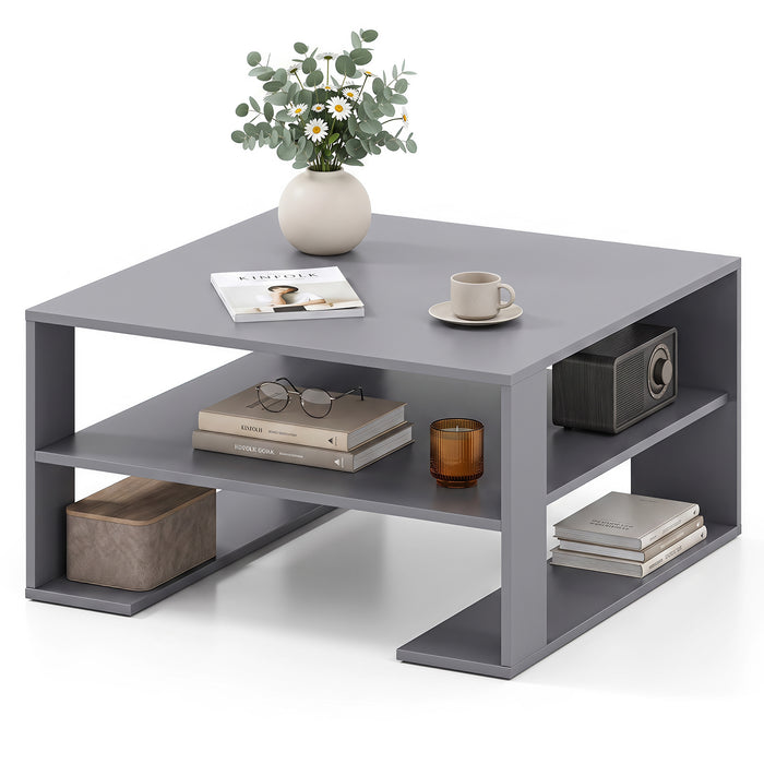 Wooden Square Coffee Table with Storage and Open Shelf for Living Room-