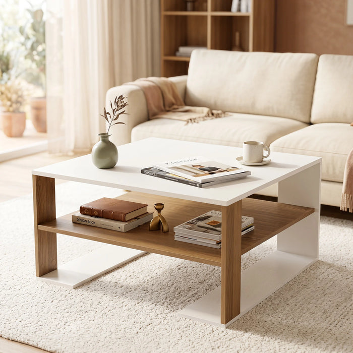 Wooden Square Coffee Table with Storage and Open Shelf for Living Room-
