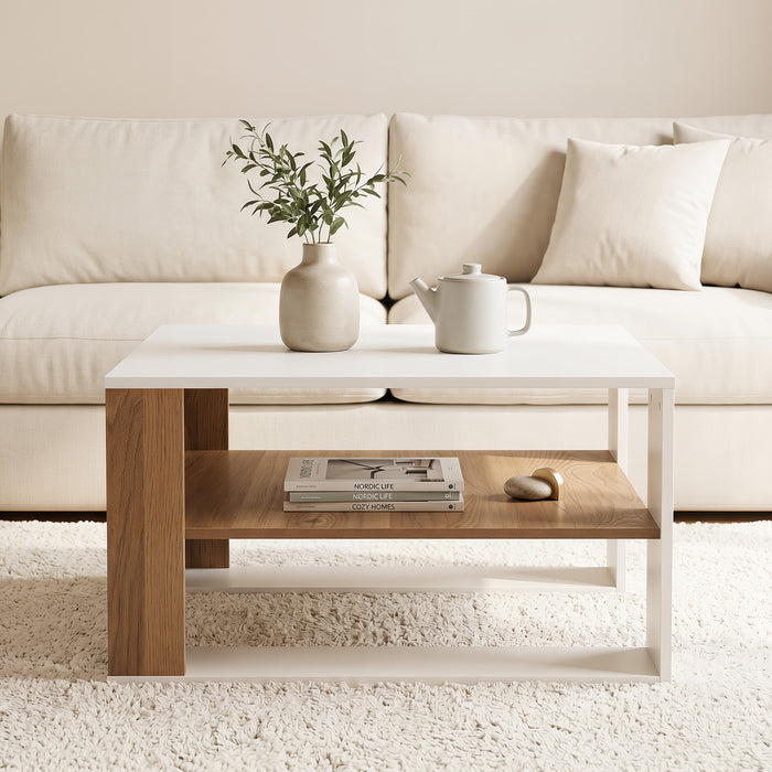 Wooden Square Coffee Table with Storage and Open Shelf for Living Room-