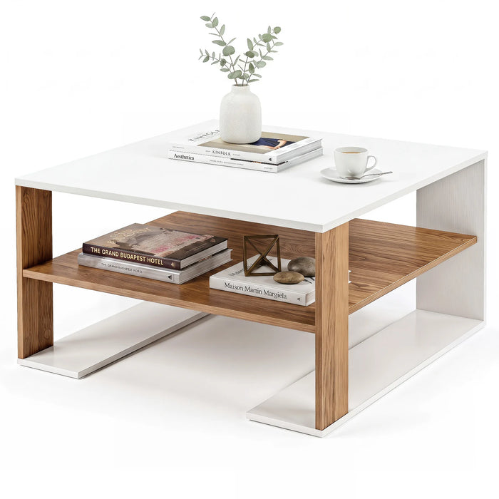 Wooden Square Coffee Table with Storage and Open Shelf for Living Room-