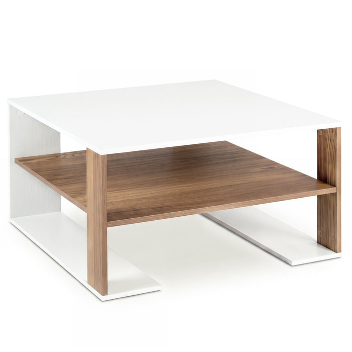 Wooden Square Coffee Table with Storage and Open Shelf for Living Room-