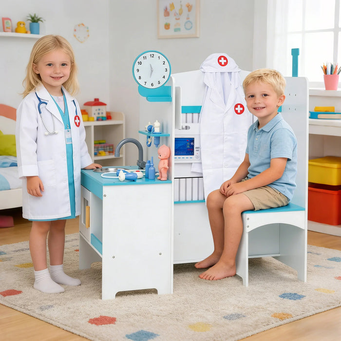 Wooden Toy Medical Center Playset with Faucet and ECG Monitor for Aged 3-6-