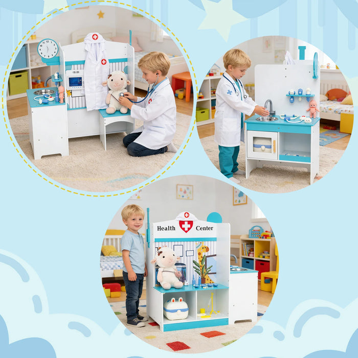 Wooden Toy Medical Center Playset with Faucet and ECG Monitor for Aged 3-6-