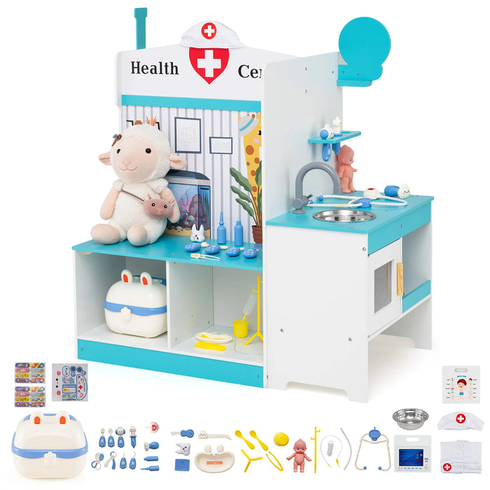 Wooden Toy Medical Center Playset with Faucet and ECG Monitor for Aged 3-6-