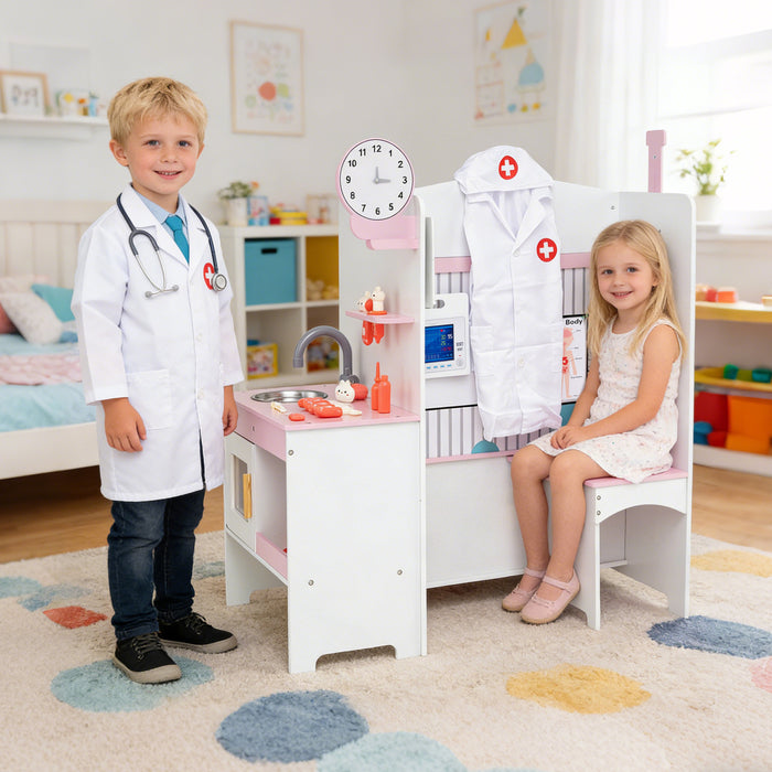 Wooden Toy Medical Center Playset with Faucet and ECG Monitor for Aged 3-6-