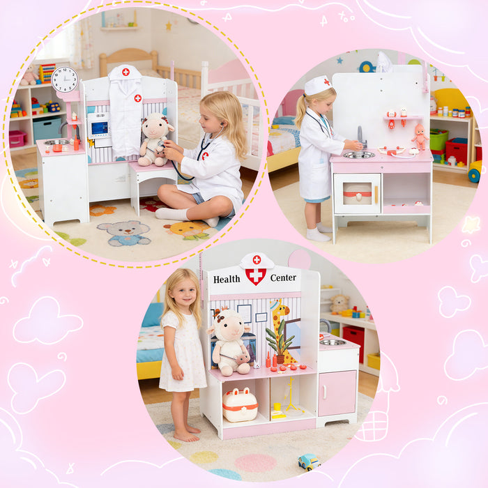 Wooden Toy Medical Center Playset with Faucet and ECG Monitor for Aged 3-6-