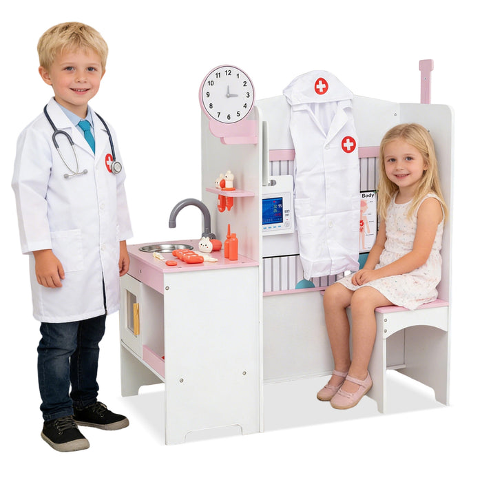 Wooden Toy Medical Center Playset with Faucet and ECG Monitor for Aged 3-6-