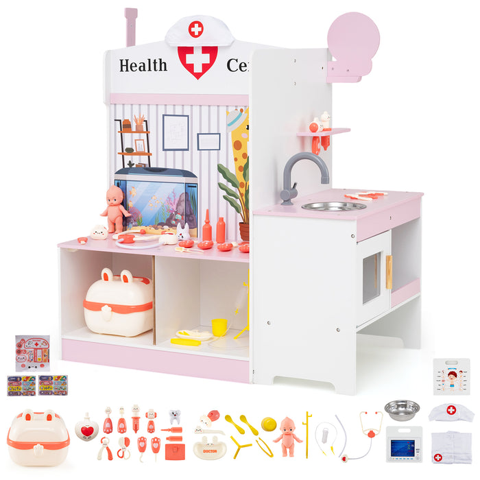 Wooden Toy Medical Center Playset with Faucet and ECG Monitor for Aged 3-6-
