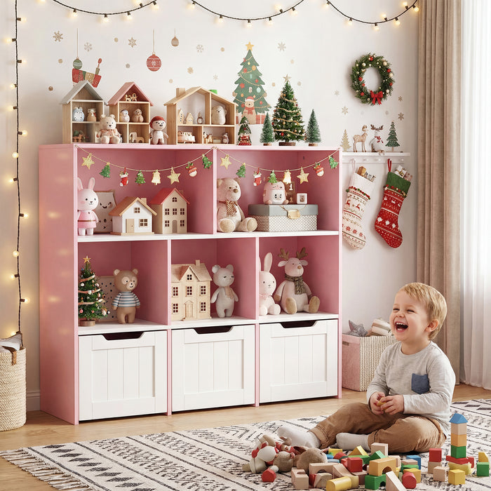 Wooden Toy Storage Organizer Kids Bookshelf with 5 Open Cubes and 3 Movable Drawers-