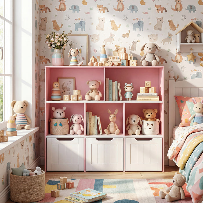 Wooden Toy Storage Organizer Kids Bookshelf with 5 Open Cubes and 3 Movable Drawers-