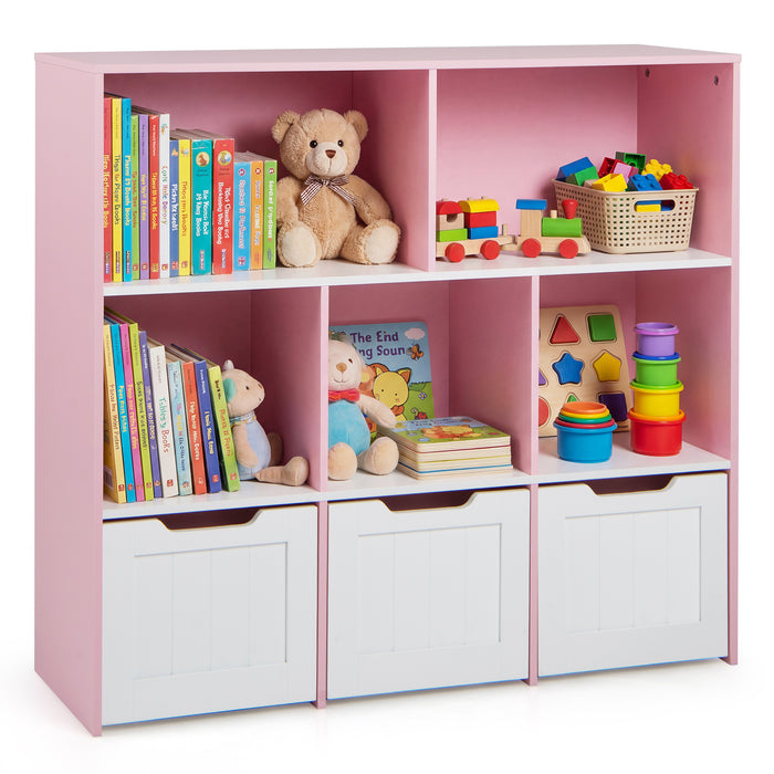 Wooden Toy Storage Organizer Kids Bookshelf with 5 Open Cubes and 3 Movable Drawers-