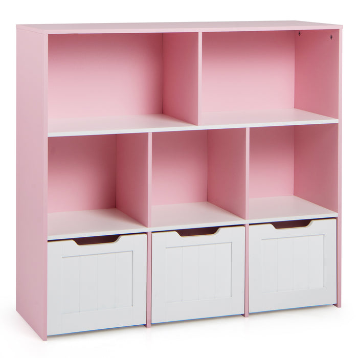 Wooden Toy Storage Organizer Kids Bookshelf with 5 Open Cubes and 3 Movable Drawers-
