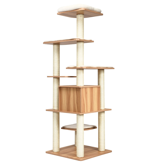 176 CM Wooden Cat Tree with Condo and Free Cushions