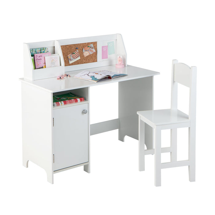 Wooden Children Study Table and Chair Set with Storage Cabinet and Bulletin Board-