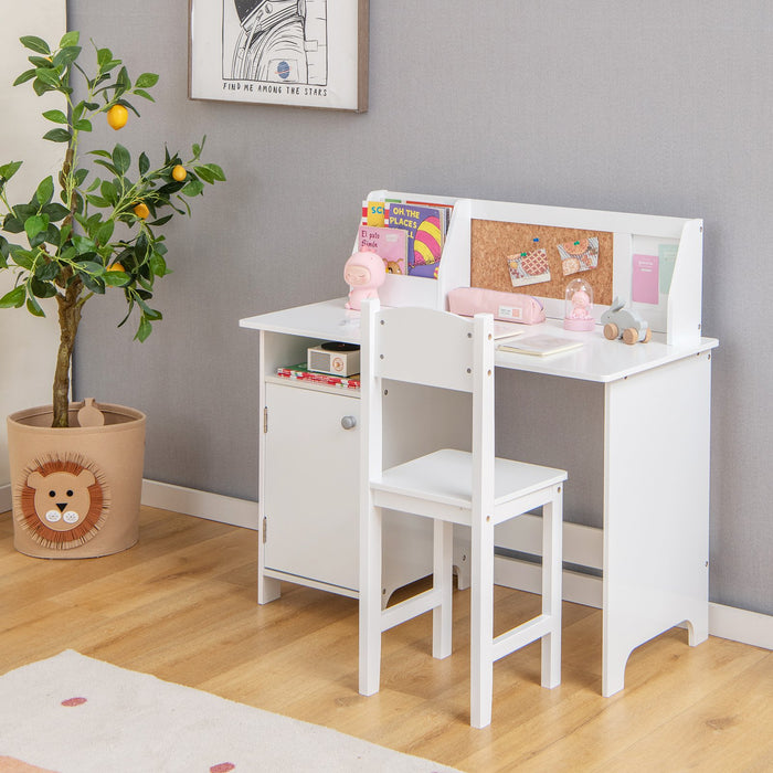 Wooden Children Study Table and Chair Set with Storage Cabinet and Bulletin Board-