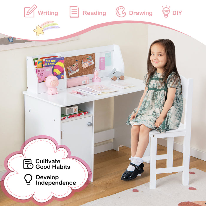 Wooden Children Study Table and Chair Set with Storage Cabinet and Bulletin Board-