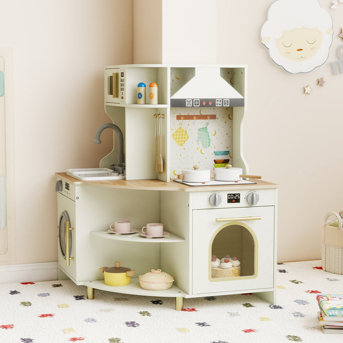 Wooden Corner Kitchen Playset with Working Faucet and Realist Sounds-