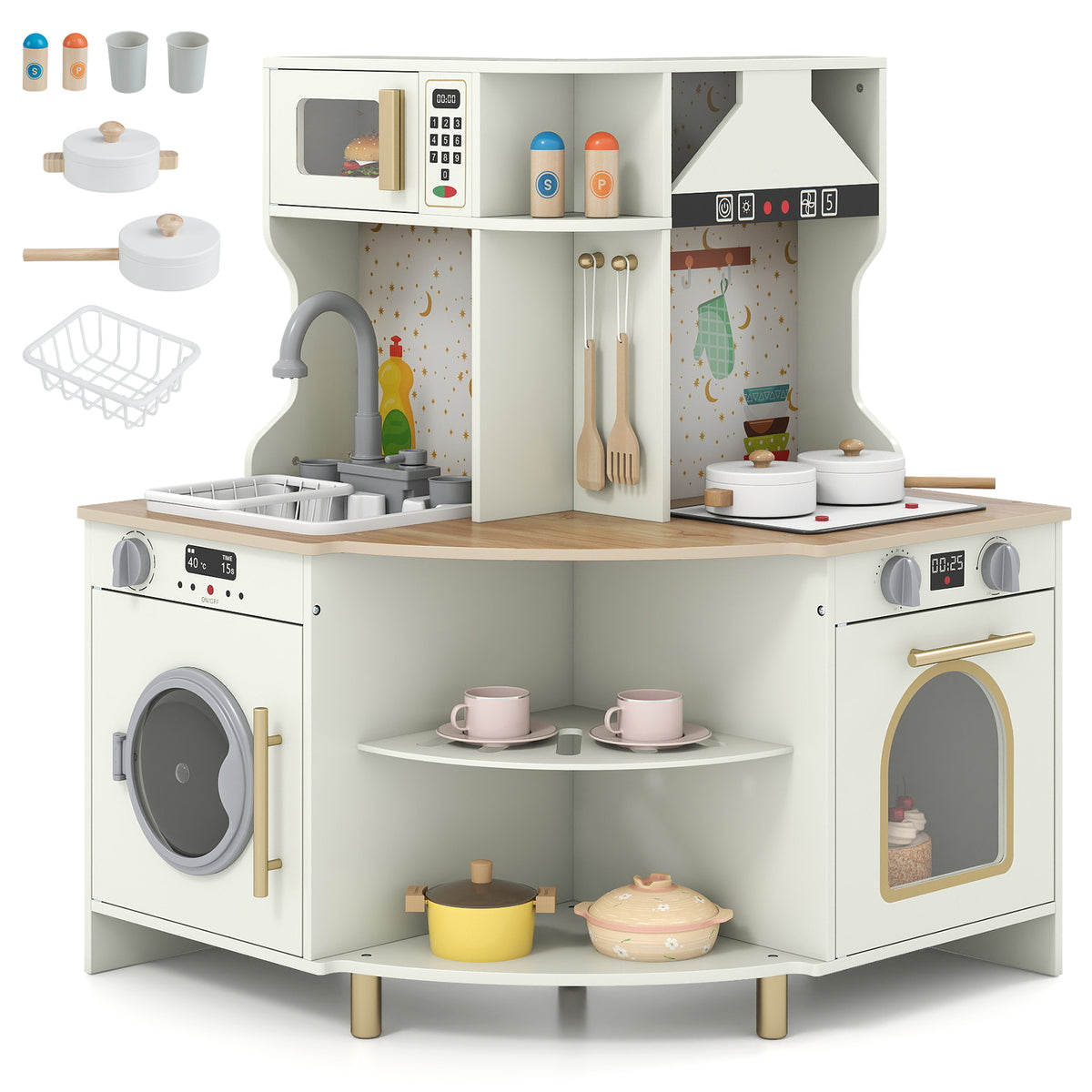 Wooden Corner Kitchen Playset with Working Faucet and Realist Sounds-