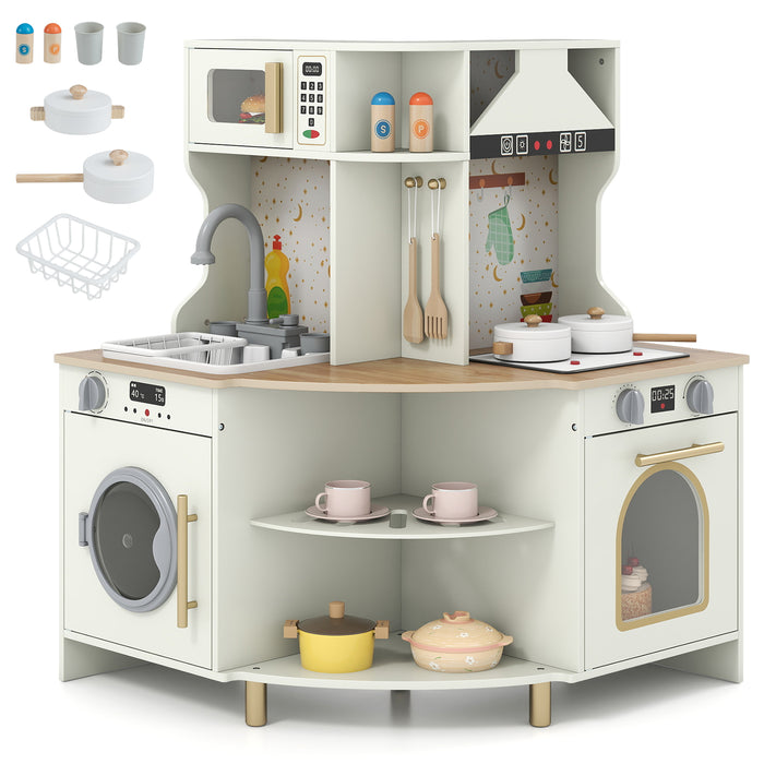 Wooden Corner Kitchen Playset with Working Faucet and Realist Sounds-