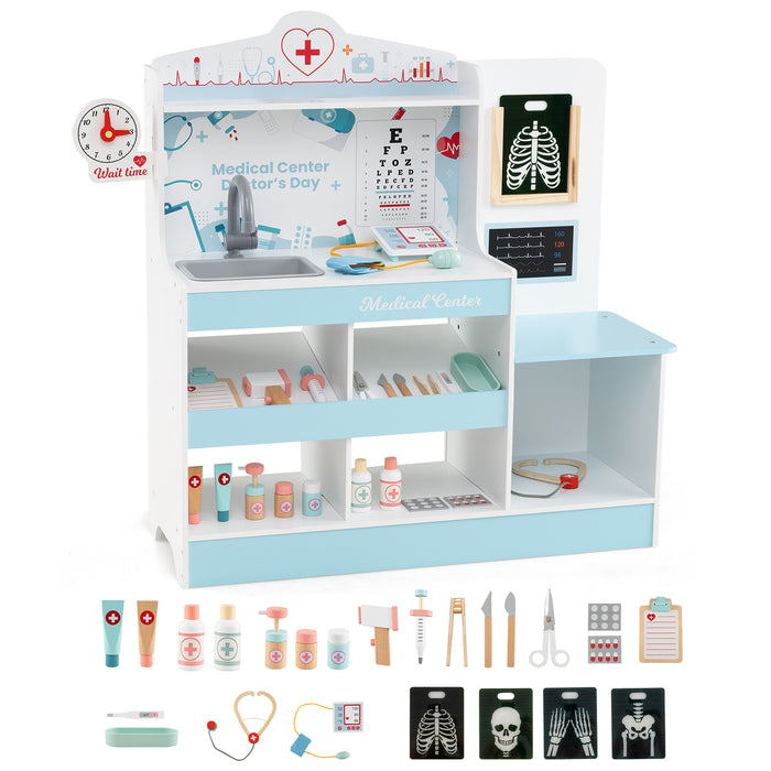 Wooden Doctor Play Set Kids Medical Center with Storage for Boys and Girls 3+ Years Old-