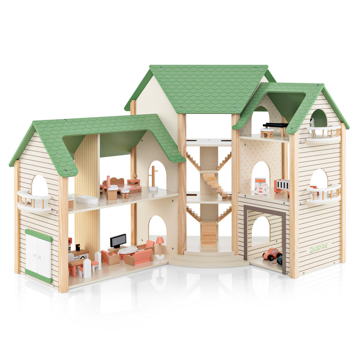 Wooden Dollhouse with 36 Pieces Accessories for Kids-