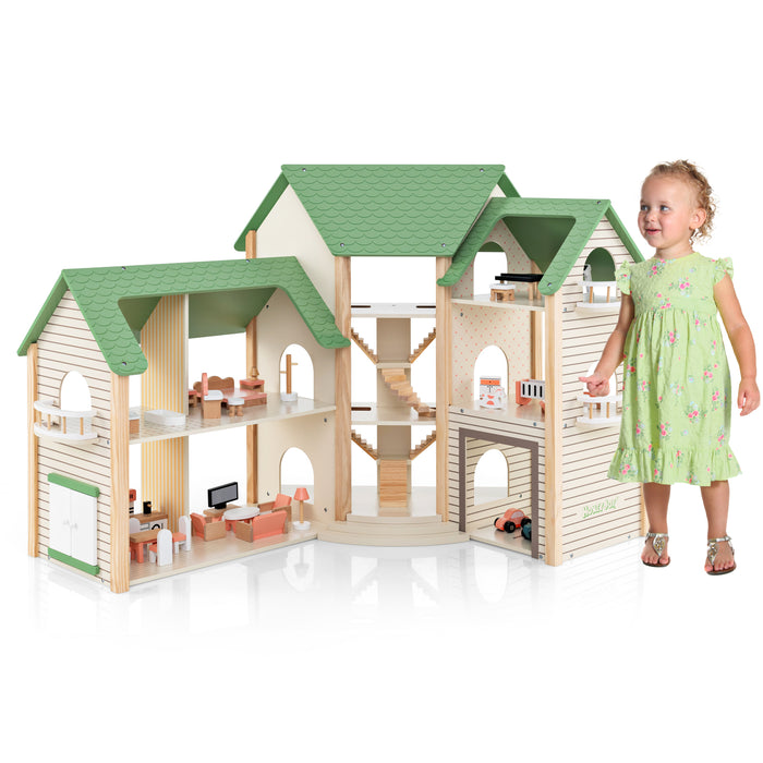 Wooden Dollhouse with 36 Pieces Accessories for Kids-