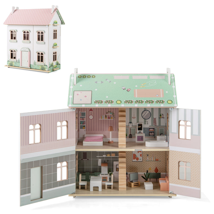 Wooden Dollhouse with Furniture and Accessories for Kids-