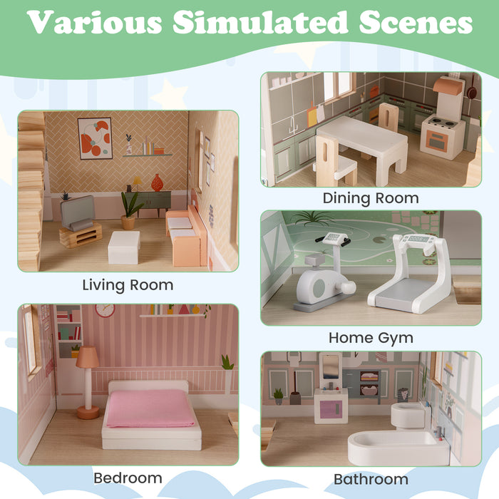 Wooden Dollhouse with Furniture and Accessories for Kids-