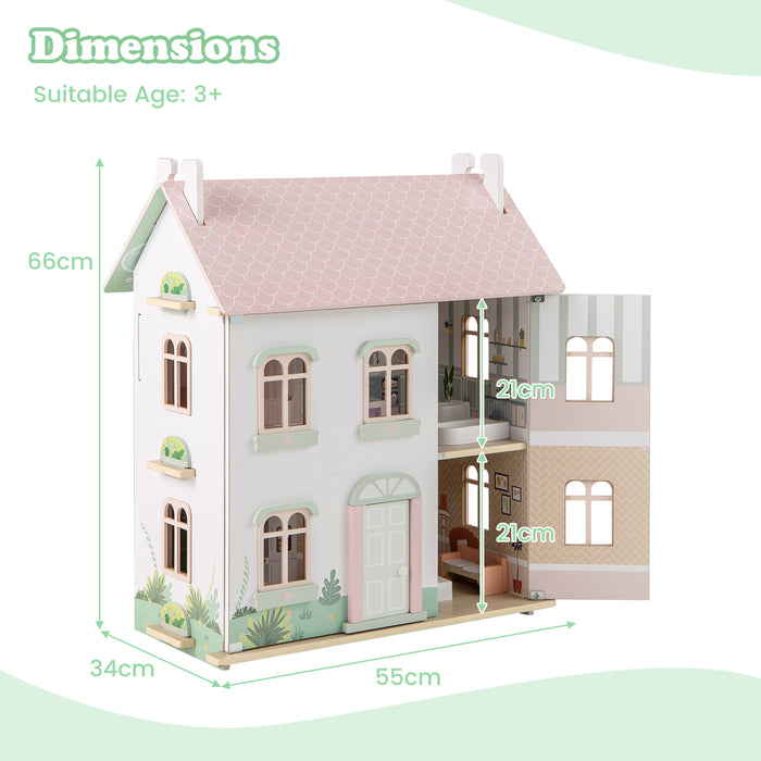 Wooden Dollhouse with Furniture and Accessories for Kids-