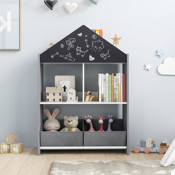 Wooden Kids Dollhouse Bookshelf Toy Storage Organizer with Chalkboard-