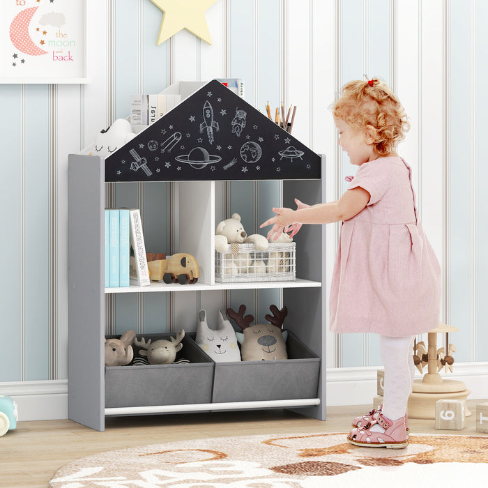Wooden Kids Dollhouse Bookshelf Toy Storage Organizer with Chalkboard-