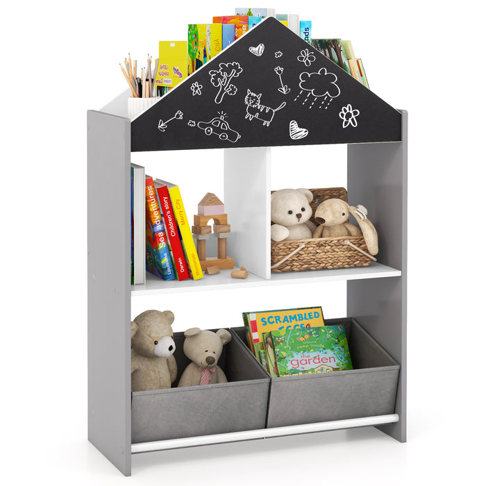 Wooden Kids Dollhouse Bookshelf Toy Storage Organizer with Chalkboard-