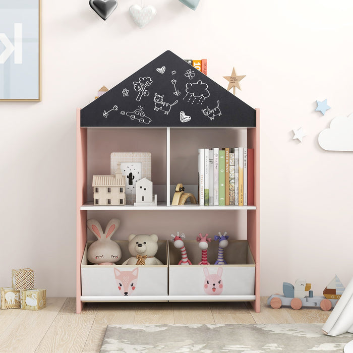 Wooden Kids Dollhouse Bookshelf Toy Storage Organizer with Chalkboard-