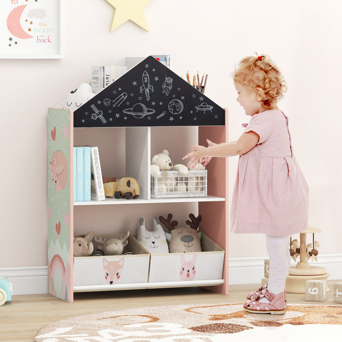 Wooden Kids Dollhouse Bookshelf Toy Storage Organizer with Chalkboard-