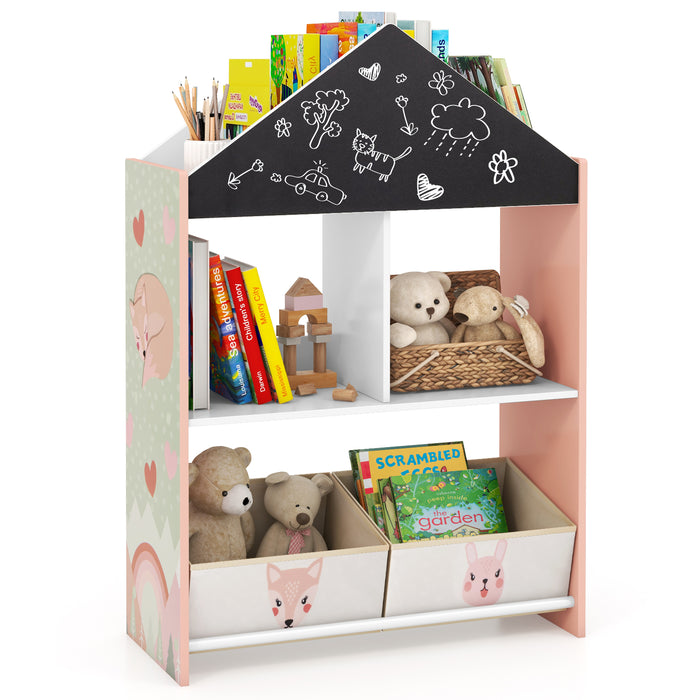 Wooden Kids Dollhouse Bookshelf Toy Storage Organizer with Chalkboard-