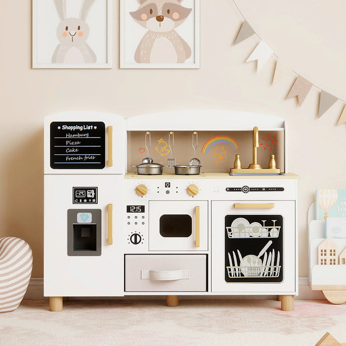 Wooden Kids Play Kitchen with Ice Maker and Fabric Drawer-