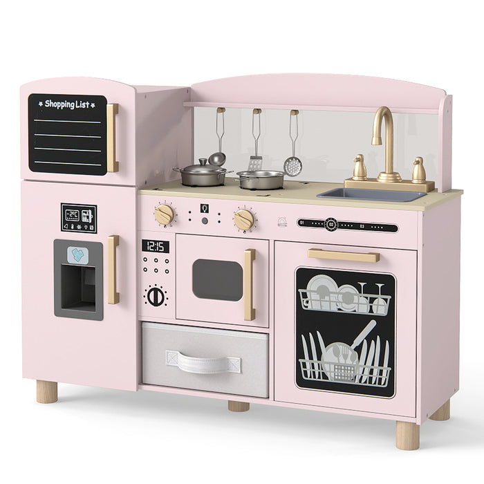 Wooden Kids Play Kitchen with Ice Maker and Fabric Drawer-