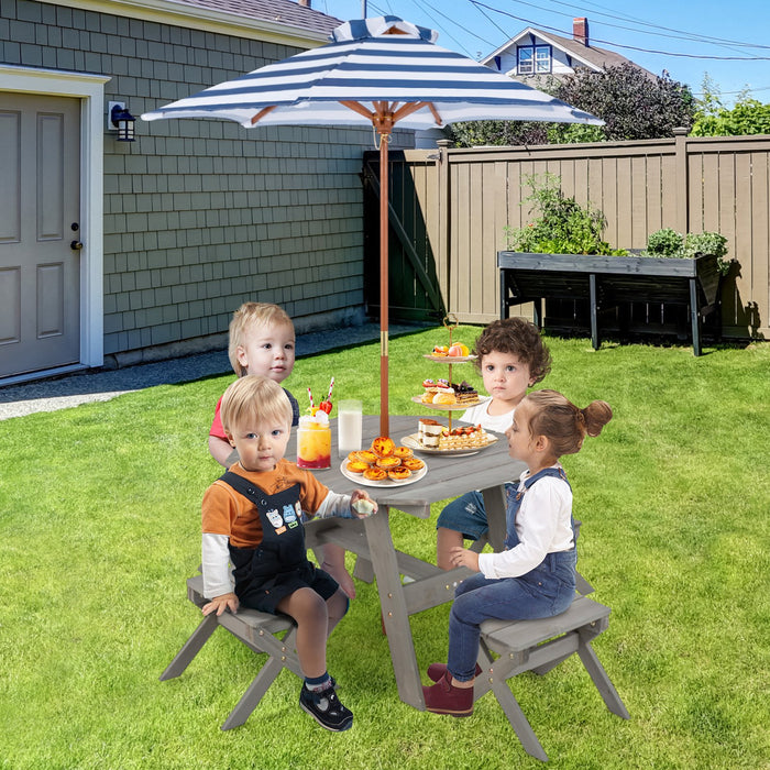 Wooden Kids Picnic Table Set with 4 Chairs and Adjustable Umbrella-