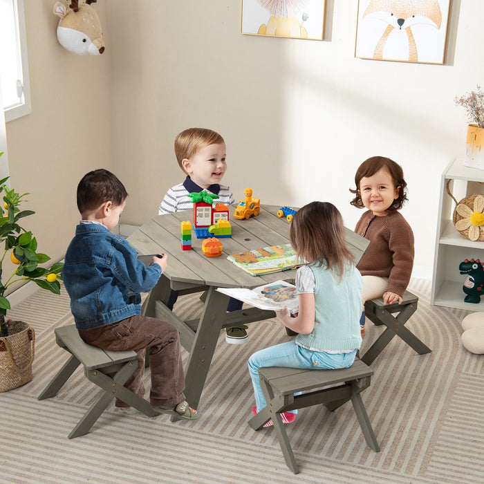 Wooden Kids Picnic Table Set with 4 Chairs and Adjustable Umbrella-