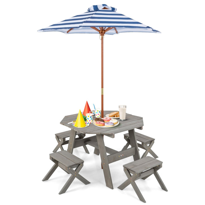 Wooden Kids Picnic Table Set with 4 Chairs and Adjustable Umbrella-